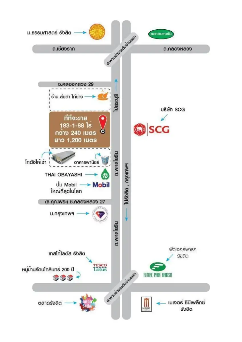 ขายที่ดิน 183 ไร่ ไร่ละ 15ล้าน ติดถนน พหลโยธิน คลองหนึ่งคลองหลวง